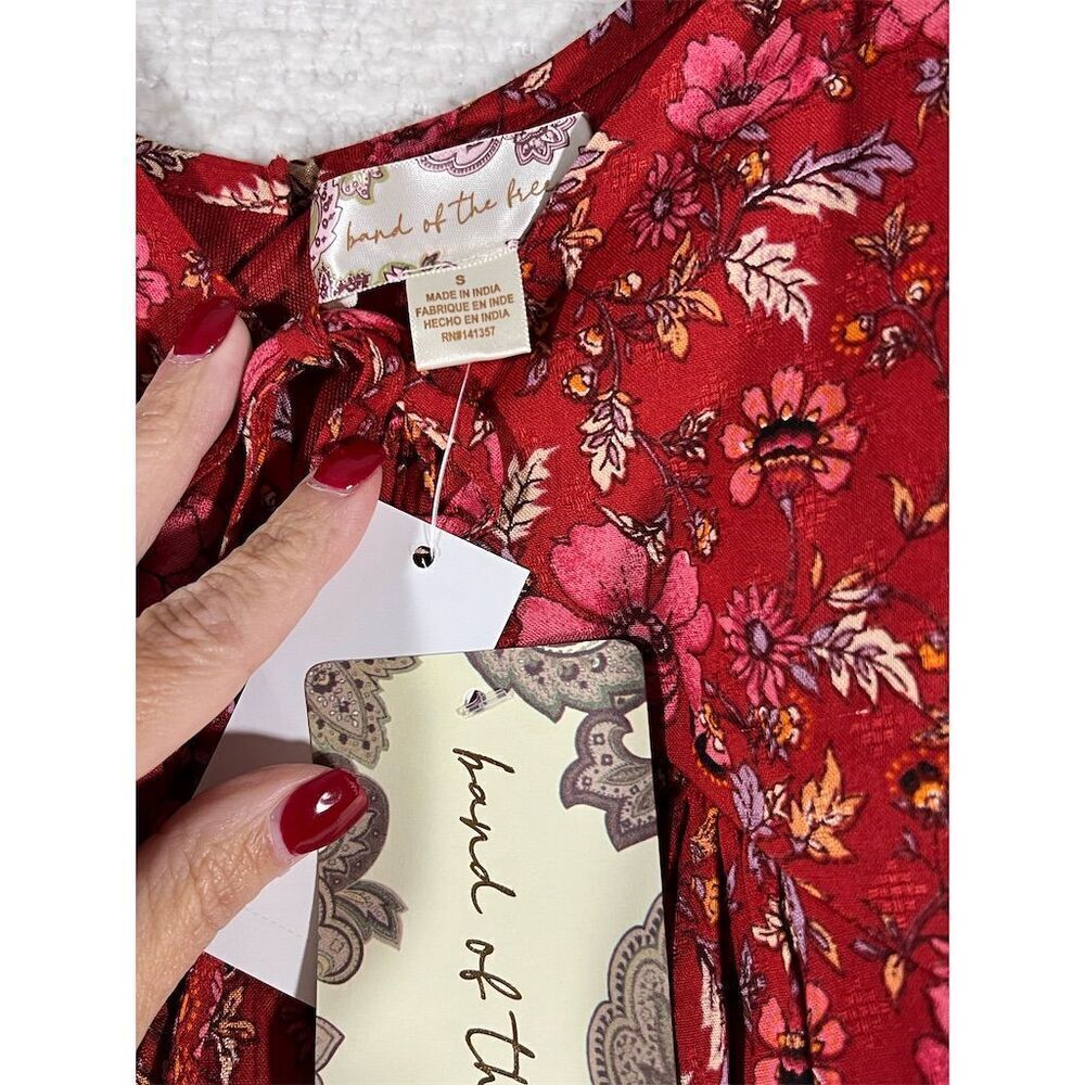 Band of the Free Women's Red Floral Puff Sleeve Boho Mini Dress S - Picture 7 of 9